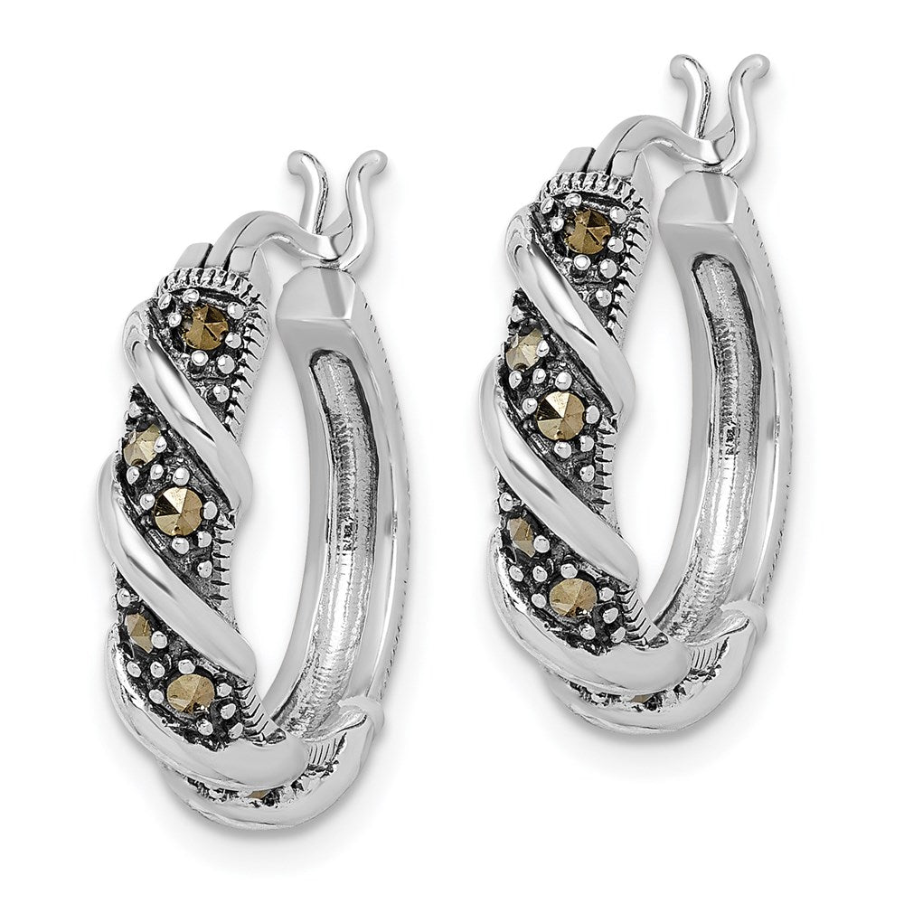 Sterling Silver Rhodium-Plated Antiqued Swirl Hoop Marcasite Earrings