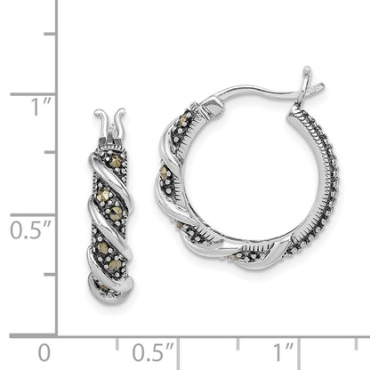 Sterling Silver Rhodium-Plated Antiqued Swirl Hoop Marcasite Earrings