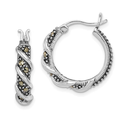 Sterling Silver Rhodium-Plated Antiqued Swirl Hoop Marcasite Earrings