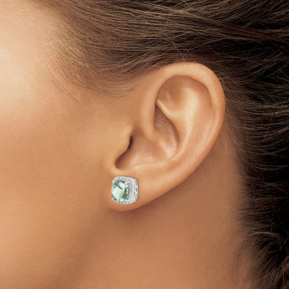 Sterling Silver Rhodium-Plated Green Quartz And Diamond Earrings