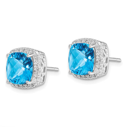 Sterling Silver Rhodium-Plated Blue Topaz And Diamond Earrings