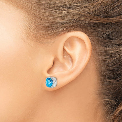 Sterling Silver Rhodium-Plated Blue Topaz And Diamond Earrings