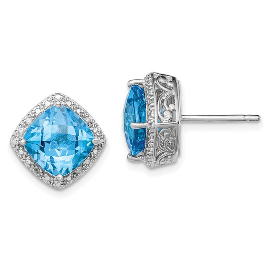 Sterling Silver Rhodium-Plated Blue Topaz And Diamond Earrings