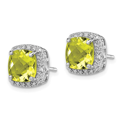 Sterling Silver Rhodium-Plated Lemon Quartz And Diamond Earrings
