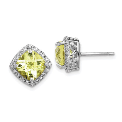 Sterling Silver Rhodium-Plated Lemon Quartz And Diamond Earrings