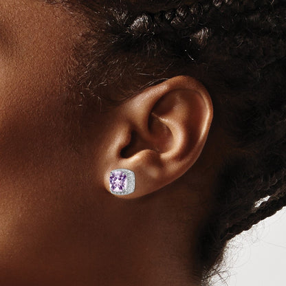 Sterling Silver Rhodium-Plated Pink Quartz And Diamond Earrings