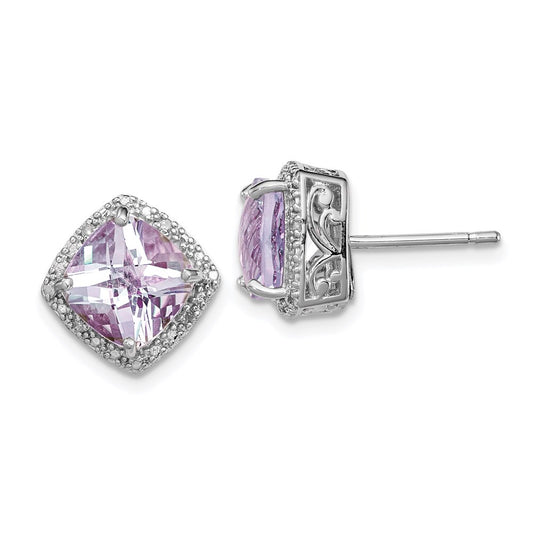 Sterling Silver Rhodium-Plated Pink Quartz And Diamond Earrings