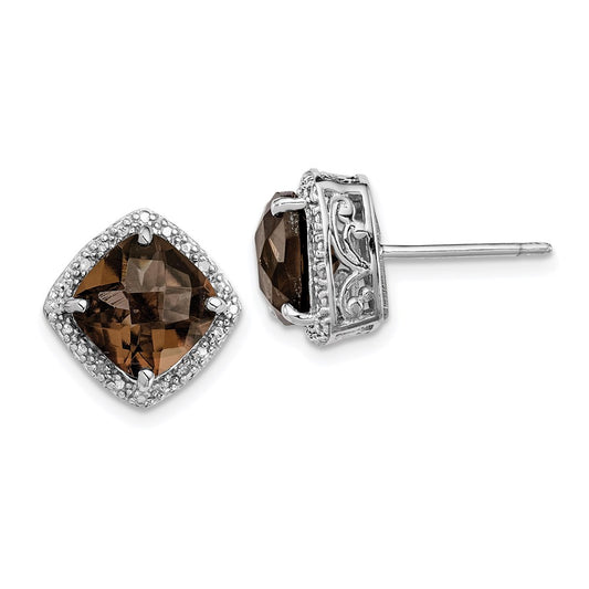 Sterling Silver Rhodium-Plated Smoky Quartz And Diamond Earrings
