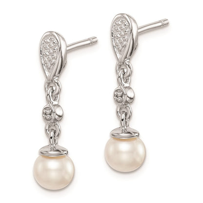 Sterling Silver Rhodium Plated Diamond & Fw Cultured Pearl Earrings