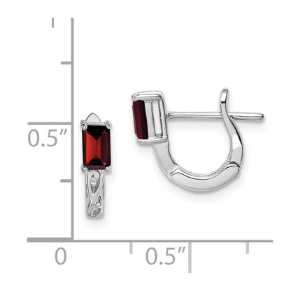 Sterling Silver Rhodium Plated Garnet Hinged Hoop Earrings