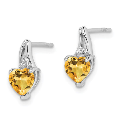 Sterling Silver Rhodium Plated Diamond And Citrine Heart Post Earrings