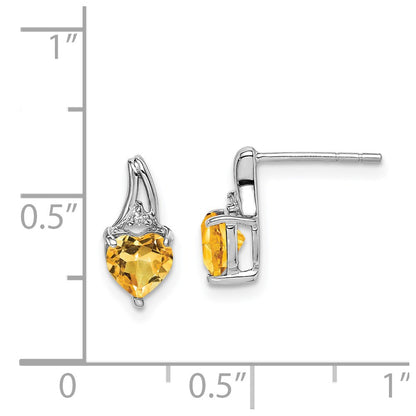 Sterling Silver Rhodium Plated Diamond And Citrine Heart Post Earrings