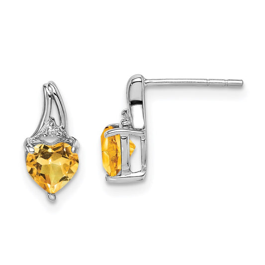 Sterling Silver Rhodium Plated Diamond And Citrine Heart Post Earrings