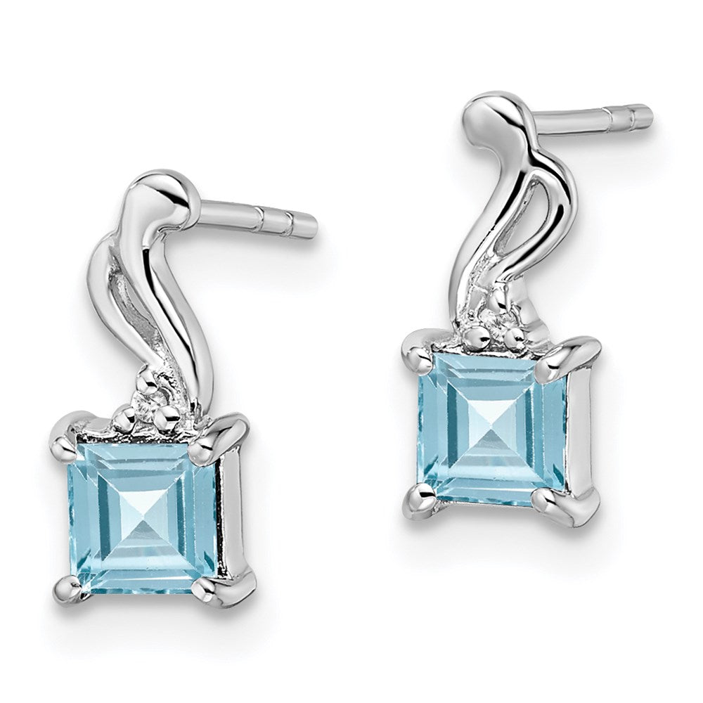 Sterling Silver Rhodium Plated Diamond And Blue Topaz Square Earrings