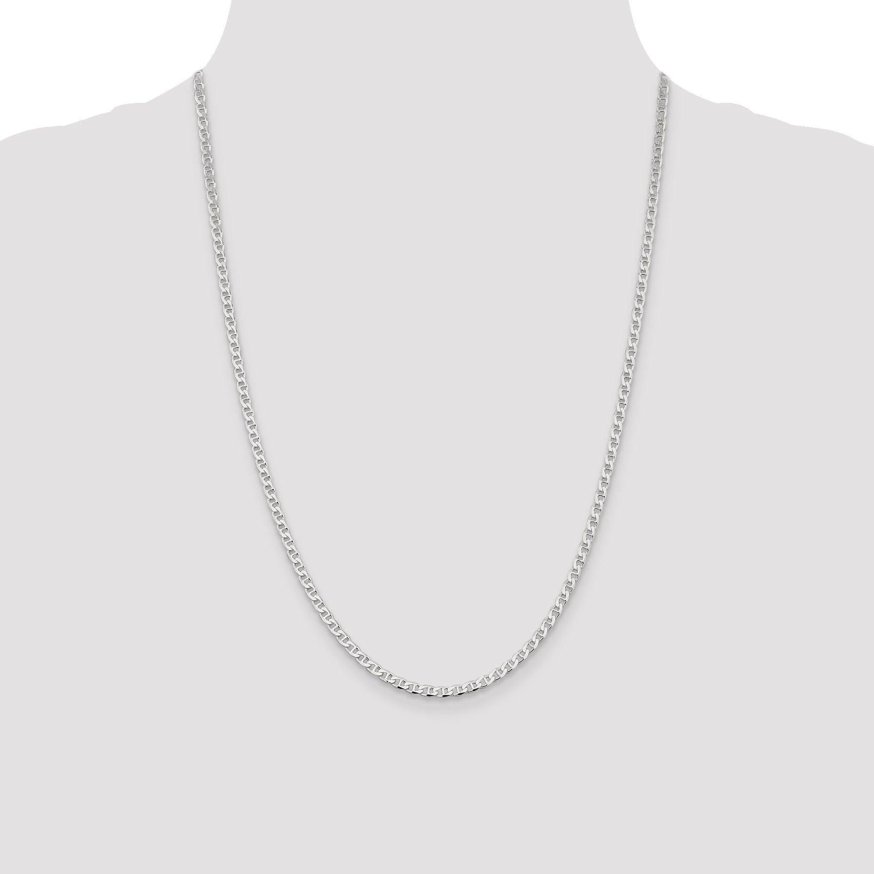 24 Inch Sterling Silver 3.15mm D/C Flat Anchor Curb Chain Necklace