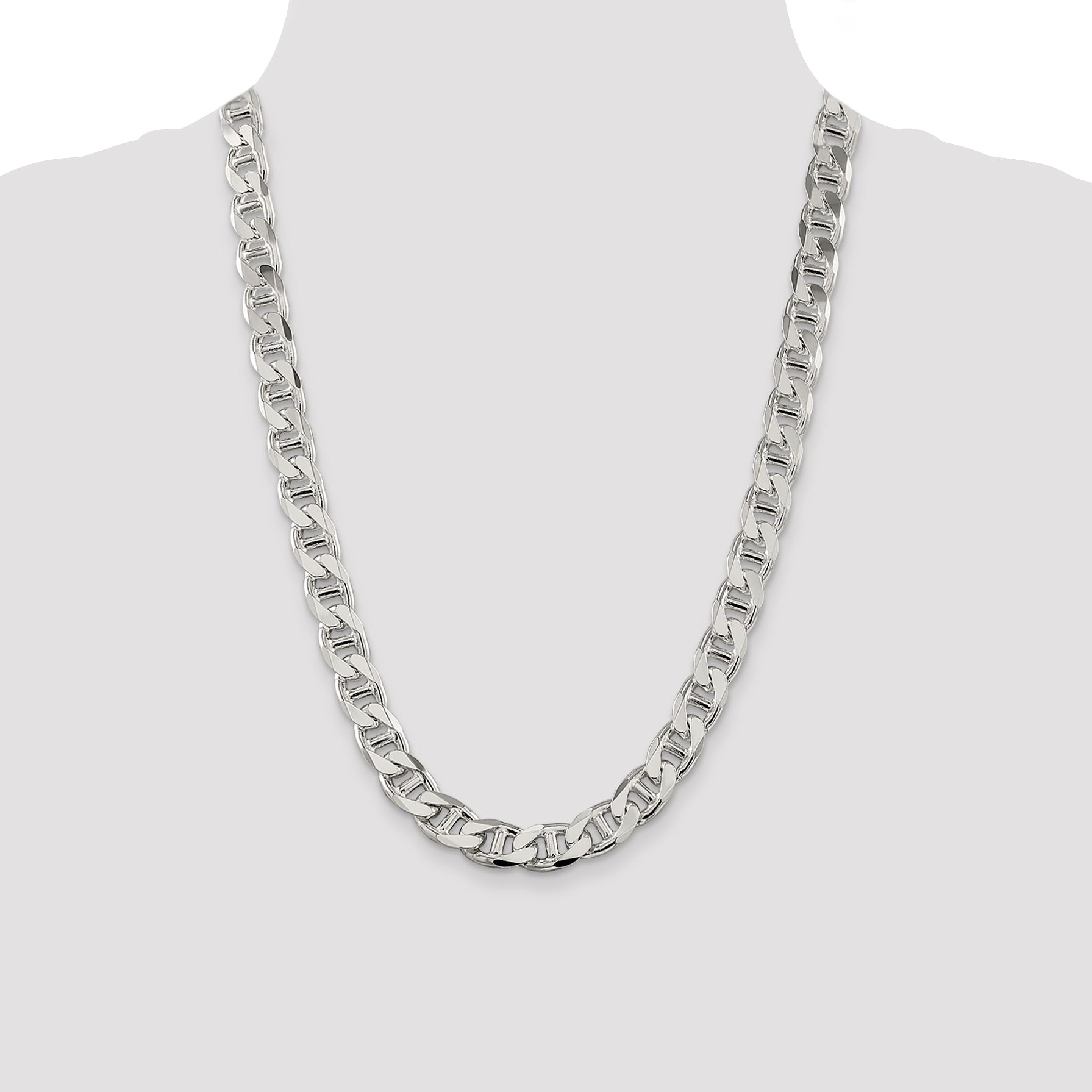 24 Inch Sterling Silver 10.8mm D/C Flat Anchor Curb Chain Necklace