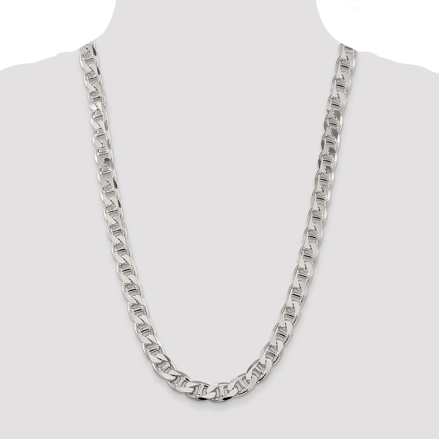 26 Inch Sterling Silver 10.8mm D/C Flat Anchor Curb Chain Necklace