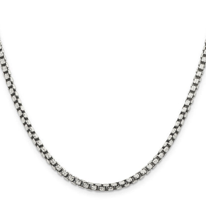 24 Inch Sterling Silver Antiqued 3.5mm D/C Round Box Chain Necklace