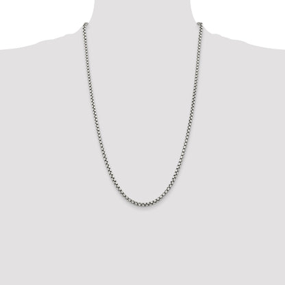 26 Inch Sterling Silver Antiqued 3.5mm D/C Round Box Chain Necklace