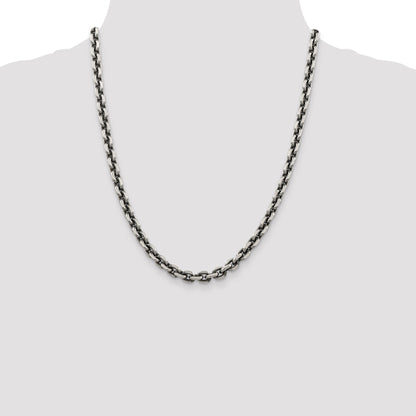 22 Inch Sterling Silver Antiqued 7.0mm D/C Elongated Open Link Chain Necklace