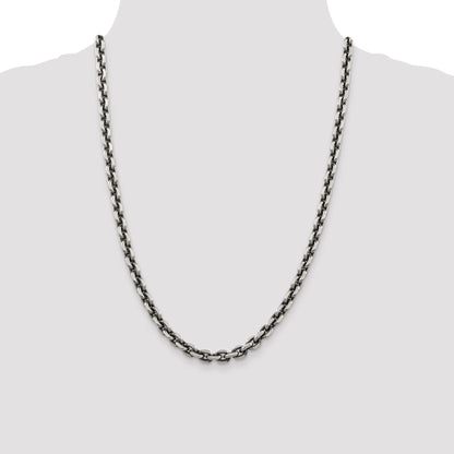 24 Inch Sterling Silver Antiqued 7.0mm D/C Elongated Open Link Chain Necklace