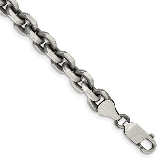 8.5 Inch Sterling Silver Antiqued 7.0mm D/C Elongated Open Link Chain Bracelet