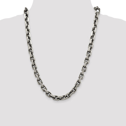 24 Inch Sterling Silver Antiqued 8.6mm D/C Elongated Open Link Chain Necklace