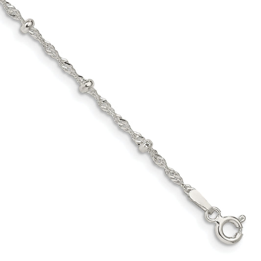 9 Inch Sterling Silver 2.5mm Singapore W/ Beads Chain Anklet