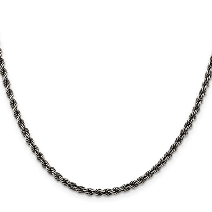 24 Inch Sterling Silver Ruthenium-Plated 3.4mm Rope Chain Necklace