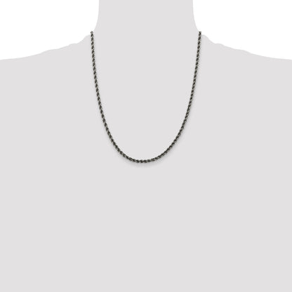 22 Inch Sterling Silver Ruthenium-Plated 3.4mm Rope Chain Necklace