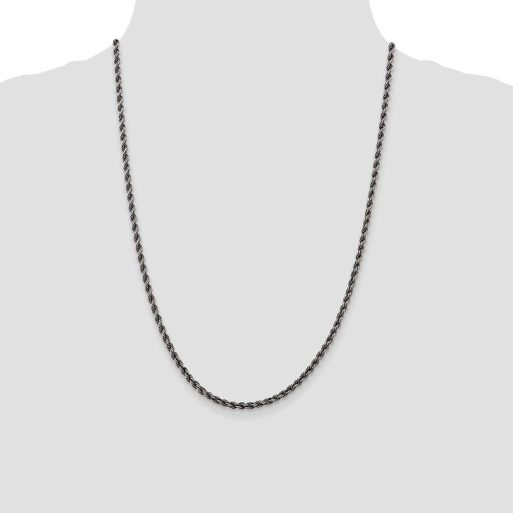 24 Inch Sterling Silver Ruthenium-Plated 3.4mm Rope Chain Necklace