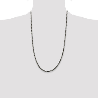 26 Inch Sterling Silver Ruthenium-Plated 3.4mm Rope Chain Necklace