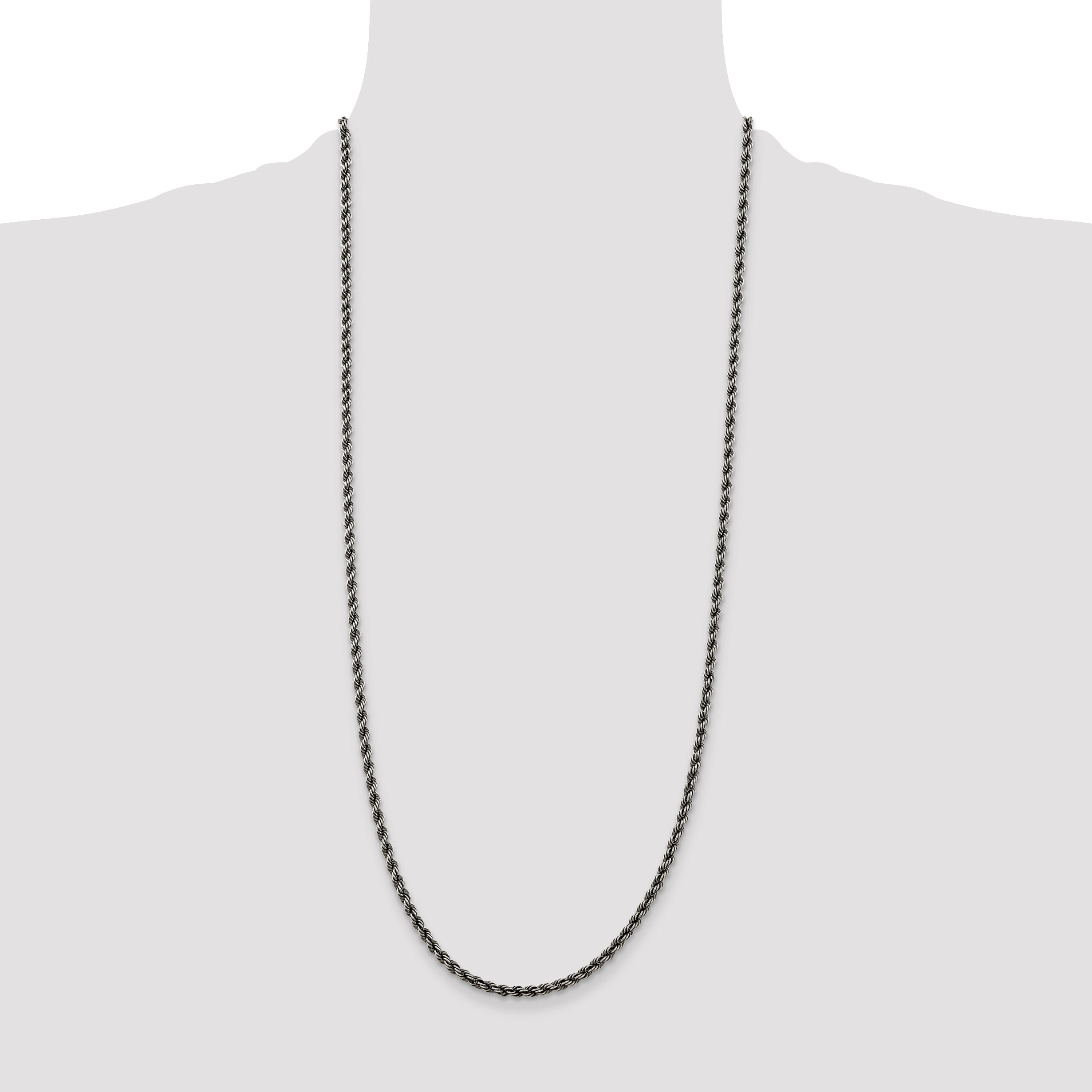 30 Inch Sterling Silver Ruthenium-Plated 3.4mm Rope Chain Necklace
