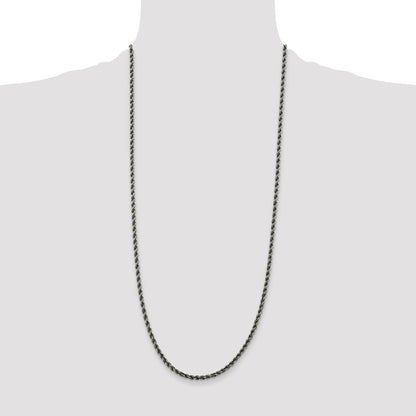 30 Inch Sterling Silver Ruthenium-Plated 3.4mm Rope Chain Necklace