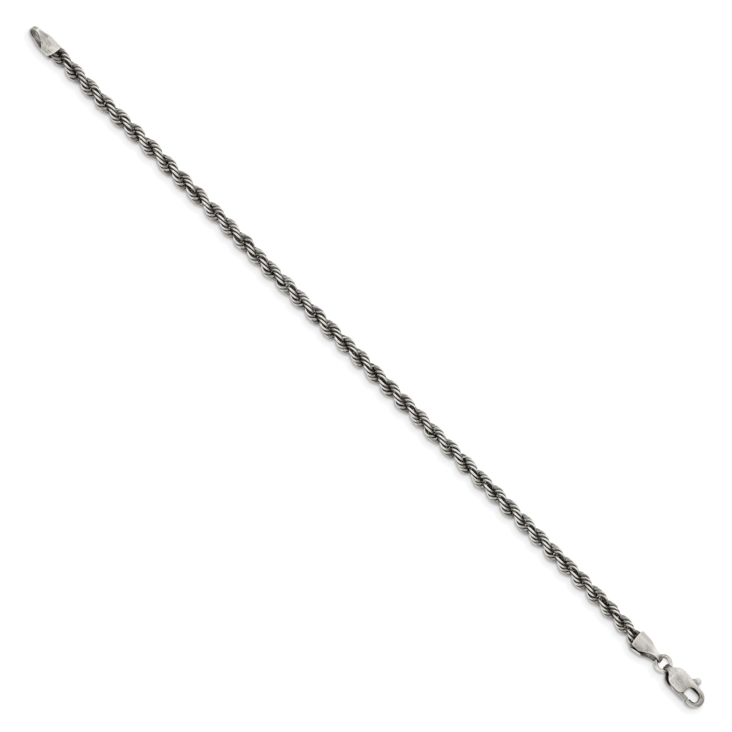 8 Inch Sterling Silver Ruthenium-plated 3.4mm Rope Chain Bracelet