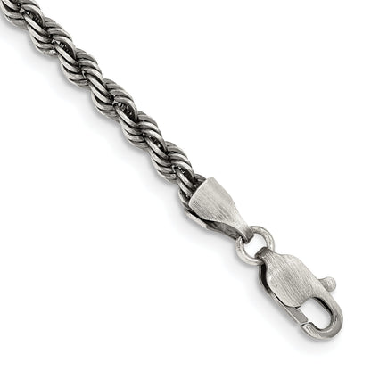 8 Inch Sterling Silver Ruthenium-plated 3.4mm Rope Chain Bracelet
