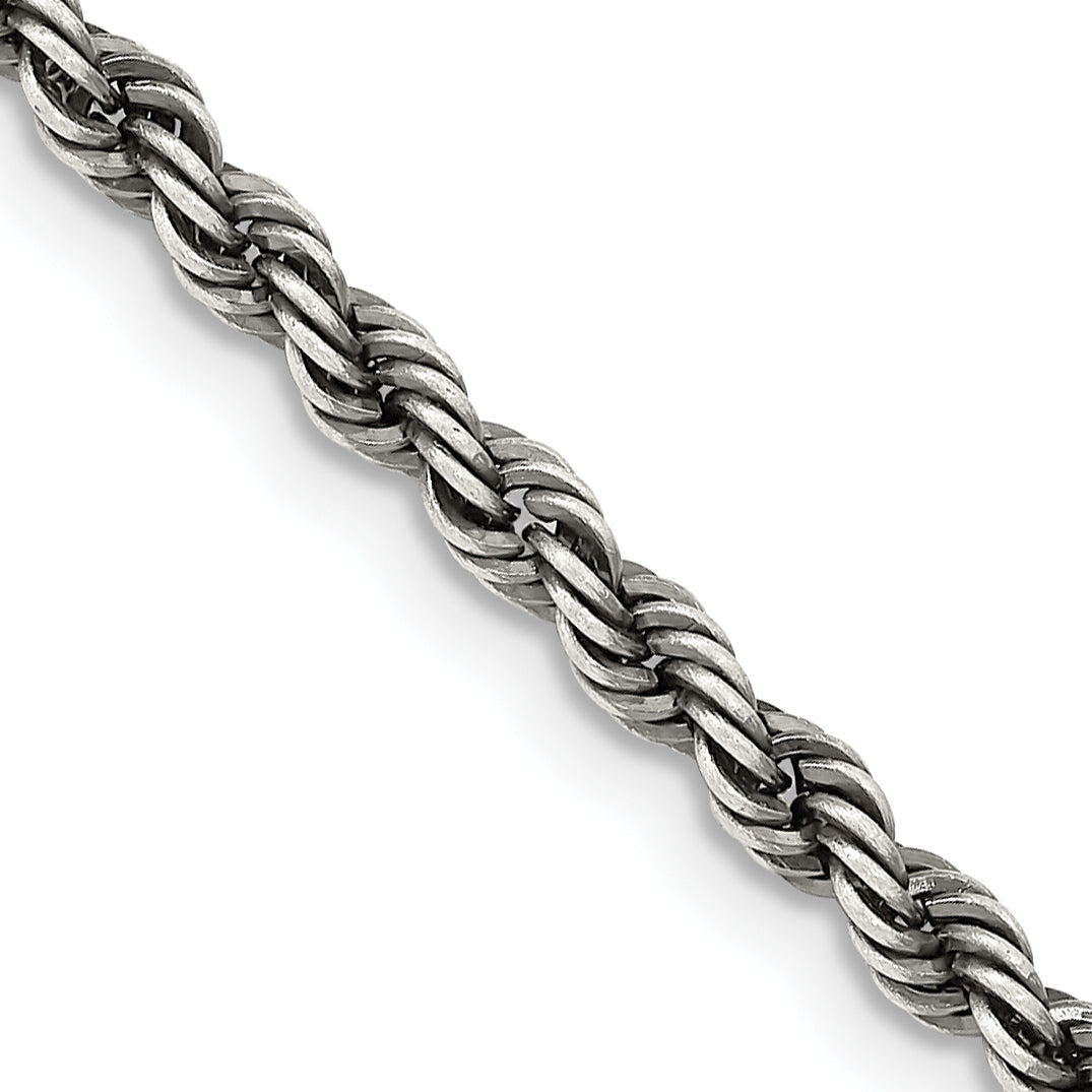 30 Inch Sterling Silver Ruthenium-Plated 3.4mm Rope Chain Necklace