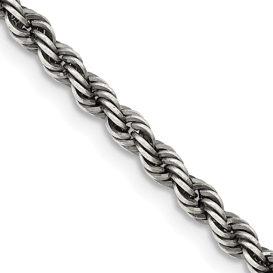 30 Inch Sterling Silver Ruthenium-Plated 3.4mm Rope Chain Necklace