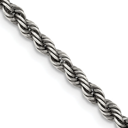 22 Inch Sterling Silver Ruthenium-Plated 3.4mm Rope Chain Necklace