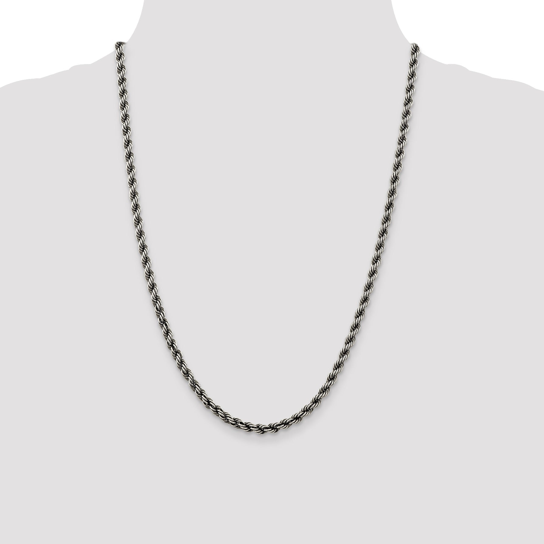 24 Inch Sterling Silver Ruthenium-Plated 4.5mm Rope Chain Necklace