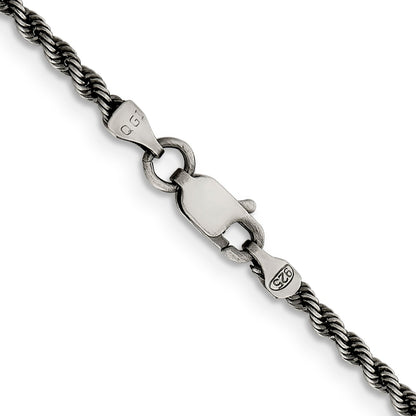 24 Inch Sterling Silver Ruthenium-Plated 2.3mm Rope Chain Necklace