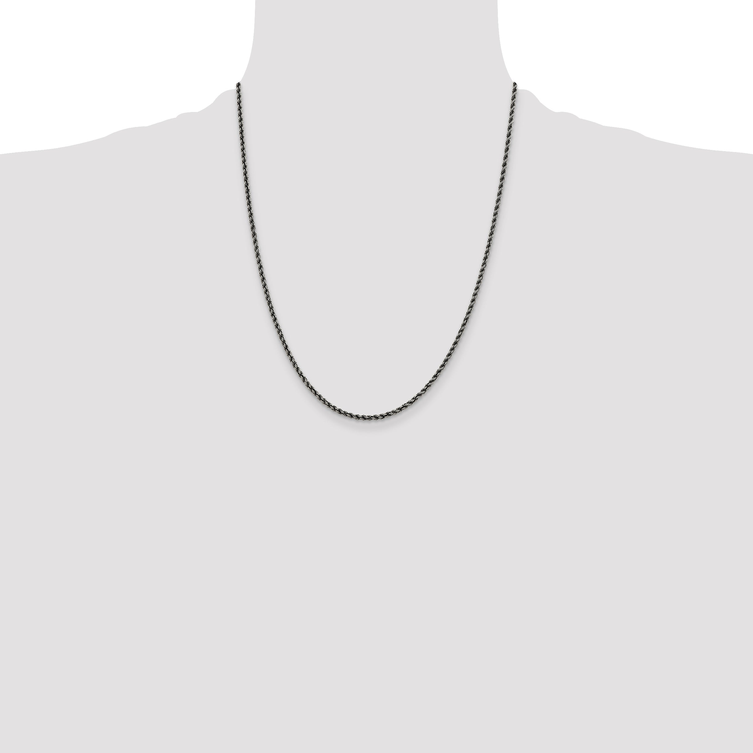 22 Inch Sterling Silver Ruthenium-Plated 2.3mm Rope Chain Necklace