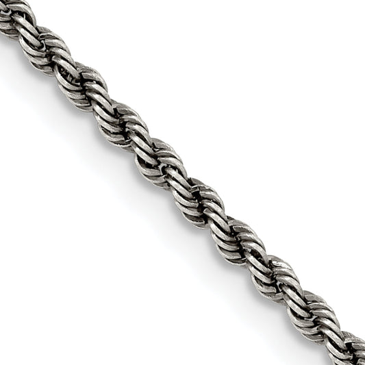 22 Inch Sterling Silver Ruthenium-Plated 2.3mm Rope Chain Necklace