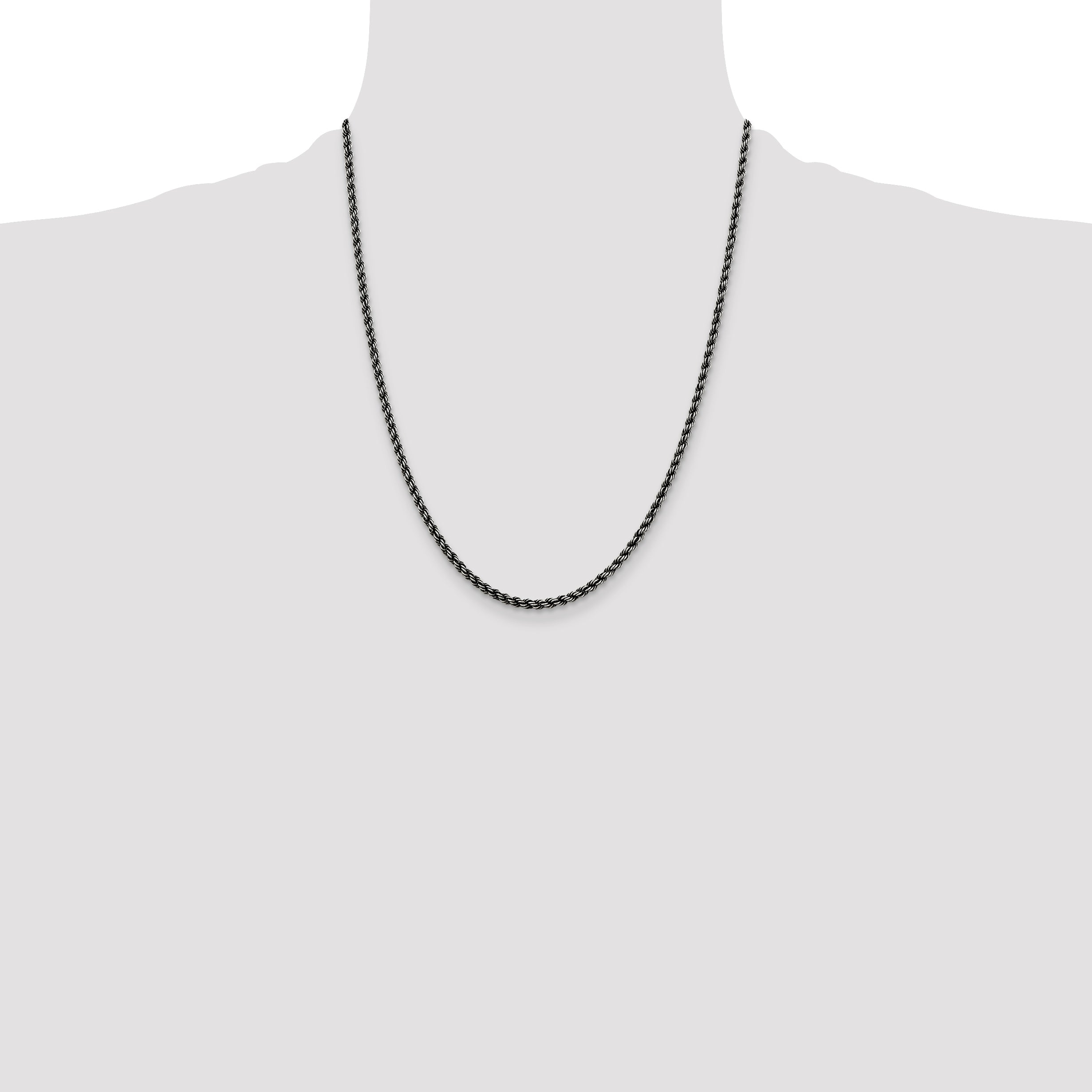 22 Inch Sterling Silver Ruthenium-Plated 2.9mm Rope Chain Necklace
