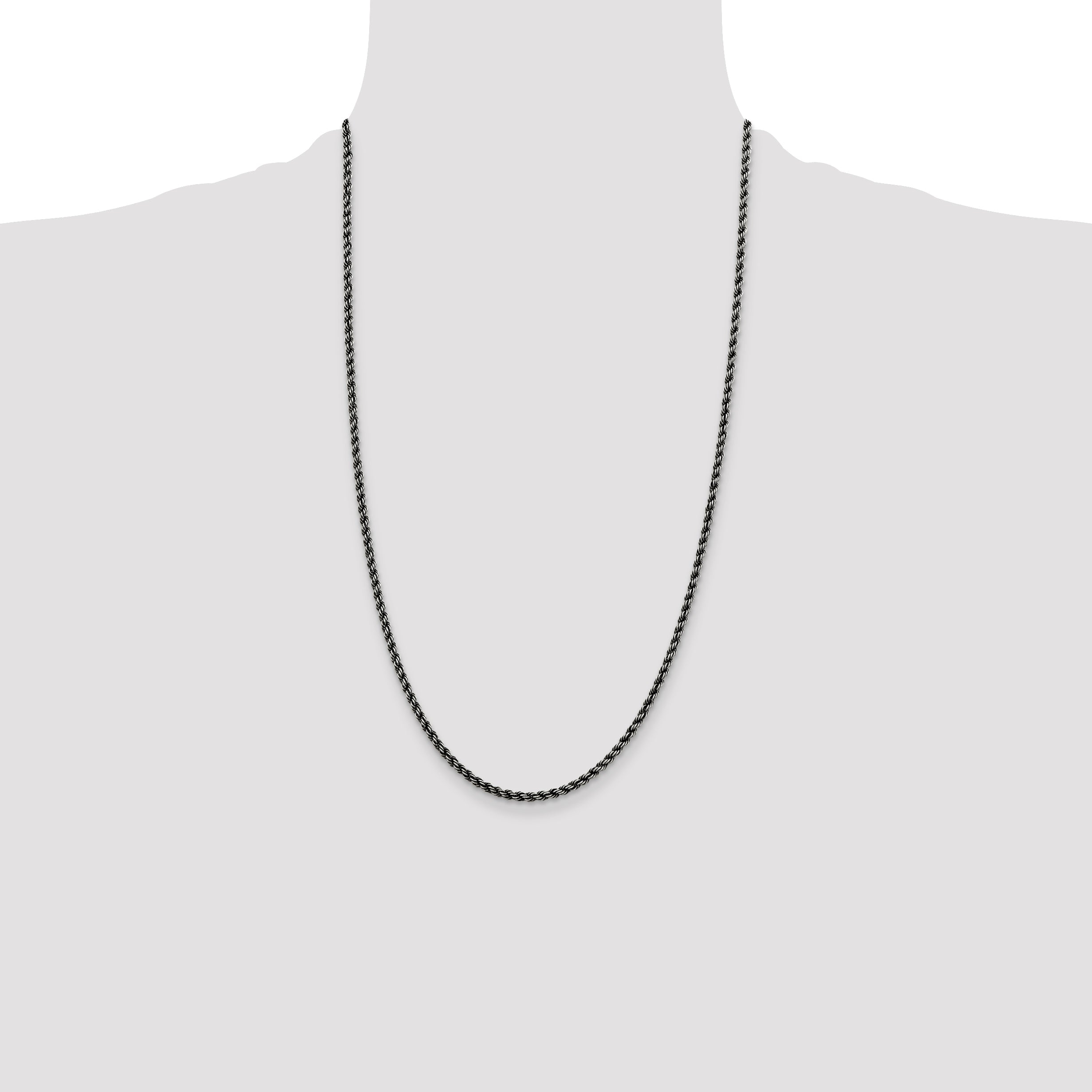 26 Inch Sterling Silver Ruthenium-Plated 2.9mm Rope Chain Necklace