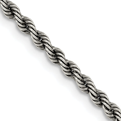 22 Inch Sterling Silver Ruthenium-Plated 2.9mm Rope Chain Necklace