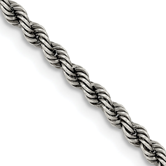 20 Inch Sterling Silver Ruthenium-Plated 2.9mm Rope Chain Necklace
