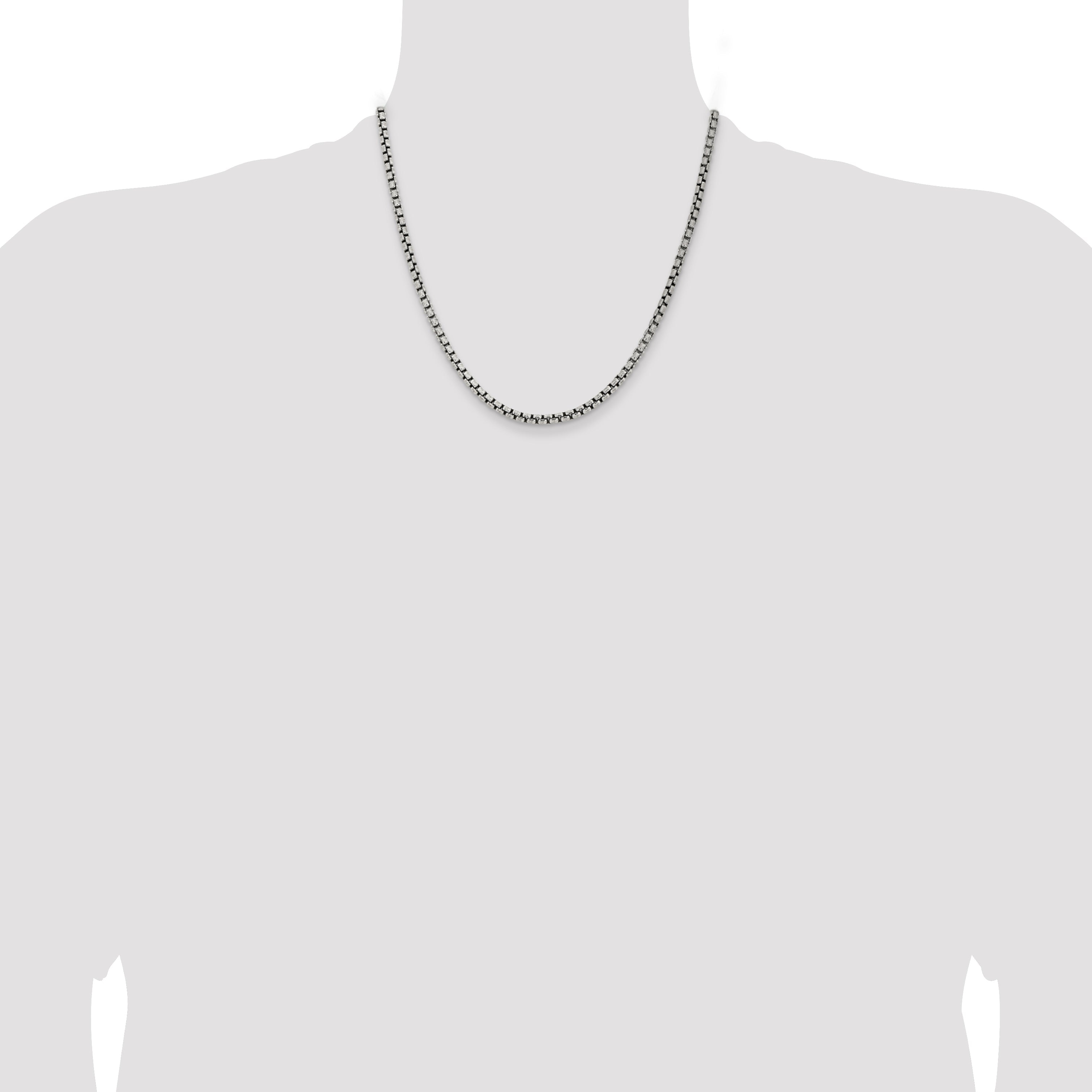20 Inch Sterling Silver Antiqued 3.6mm Round Box Chain Necklace