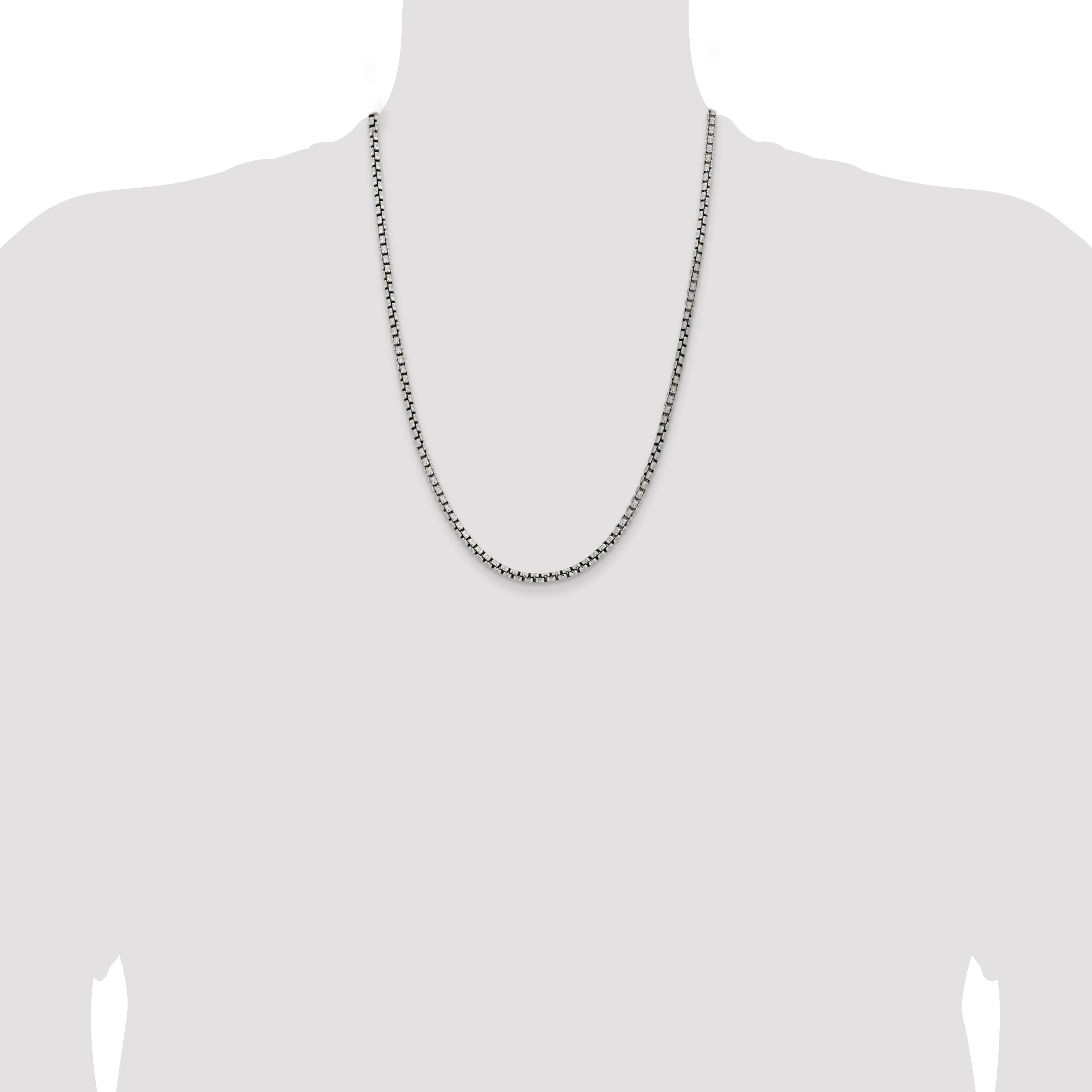 24 Inch Sterling Silver Antiqued 3.6mm Round Box Chain Necklace