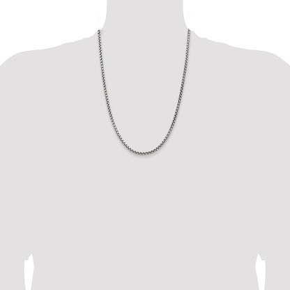 24 Inch Sterling Silver Antiqued 3.6mm Round Box Chain Necklace